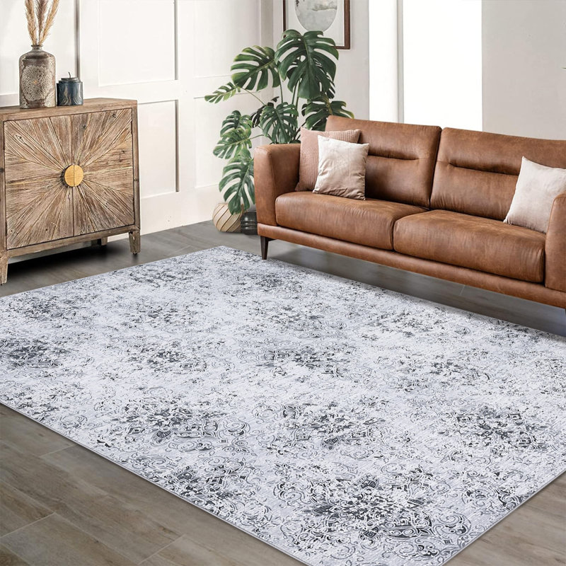 Tapis floral bohème Boho, lavable à la machine, ultra mince et léger, Gris, Rectangle 9 pi x 12 pi