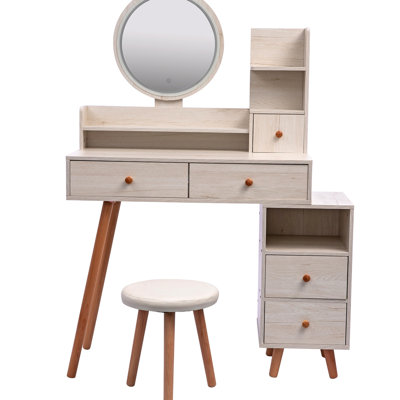 Stylish Vanity Table With Cushioned Stool & Touch Control Led Mirror - Large Capacity Storage Cabinet, 5 Drawers, Fashionable Makeup Furniture, Adjustable Length (L31.5"-43.2"X W15.8" X H48.1" And