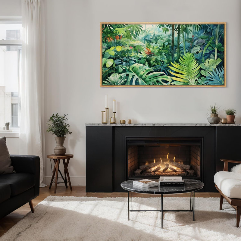 Paysage de jungle dense à l'aquarelle avec faune et flore, H 30 po x l 60 po, Naturel
