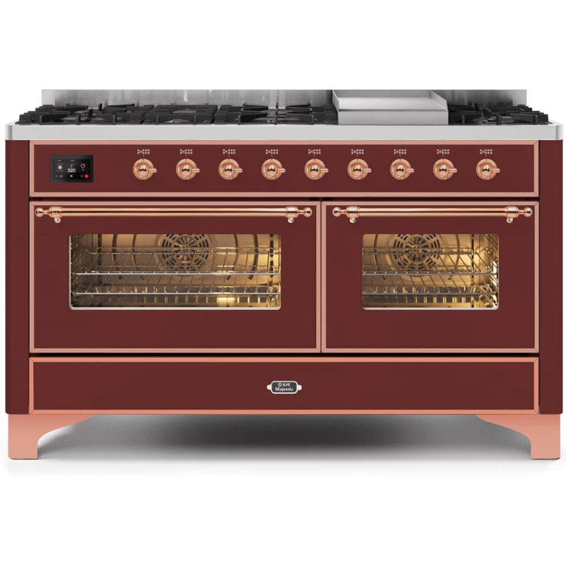ILVE UM15FDNS3BGG Majestic II 60 inch Dual Fuel Range with 9 Burners, Griddle (Natural Gas, Triple Glass Door, Blue Grey, Brass)