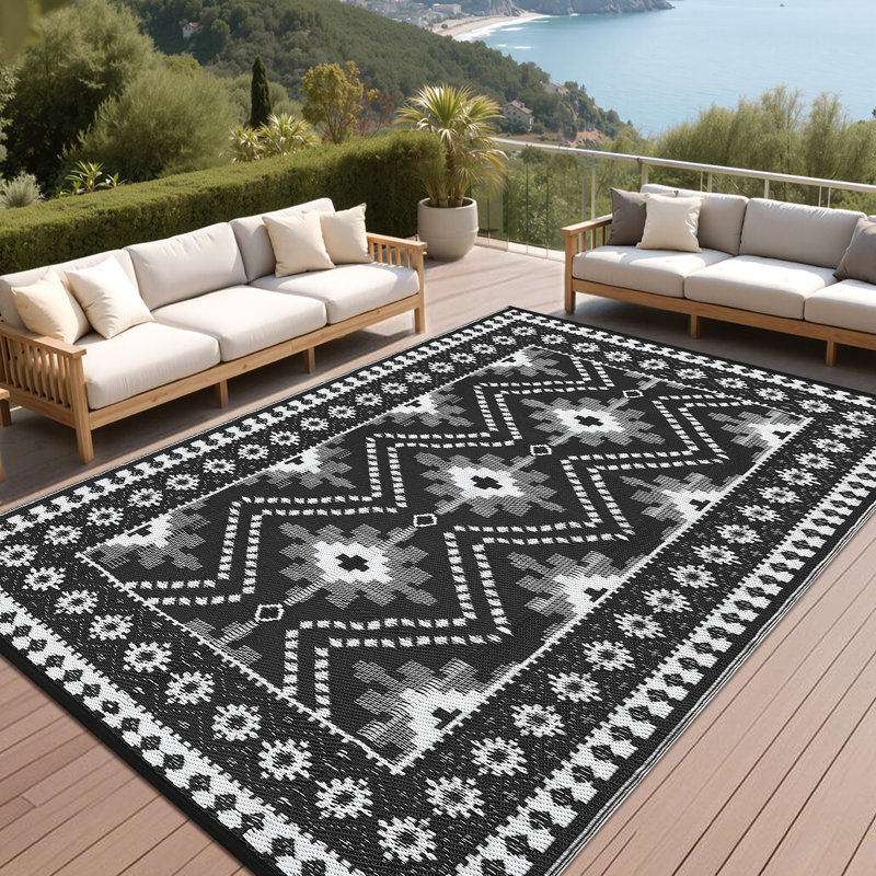 Waterproof Reversible Outdoor Rug Vintage Diamond Design Plastic Straw Mat Durable Easy Clean Carpet for Patio, Deck, Balcony, RV, Camping, Picnic