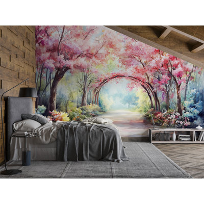 Papier peint fleur de cerisier - peinture murale forêt de cerisier romantique - aquarelle, paysage de chambre à coucher, décor