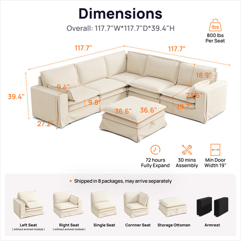 L-shaped Pet-Friendly Fabric Oversized Enveloping Feel Double-decker Sofa With A Storage Ottoman, Beige Polyester