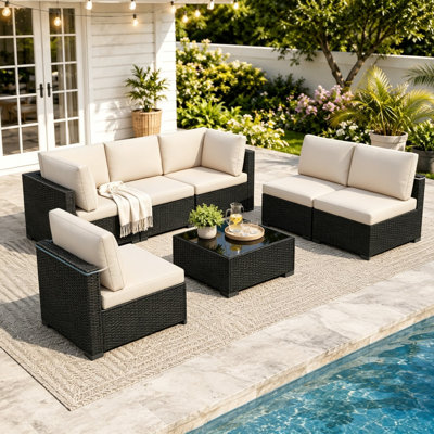 Ensemble de conversation d'extérieur modulaire en rotin 7 pièces avec coussins - noir / beige