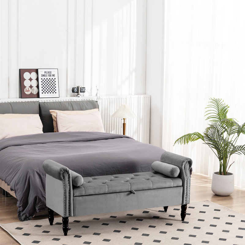 Gelson Velvet  Upholsted  with Ams Storge Bech, Gray, 25.2'' H X 56.7'' W X 17.7'' D