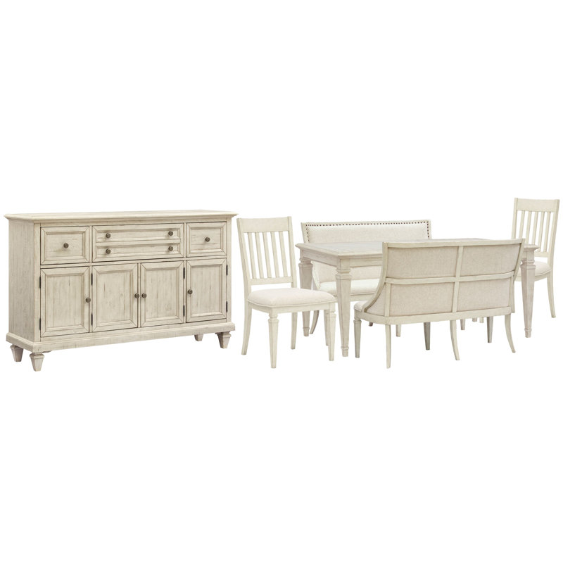 Dariella Extendable Rectangular Dining Table With 2 Upholstered Benches 2 Side Chairs And Buffet