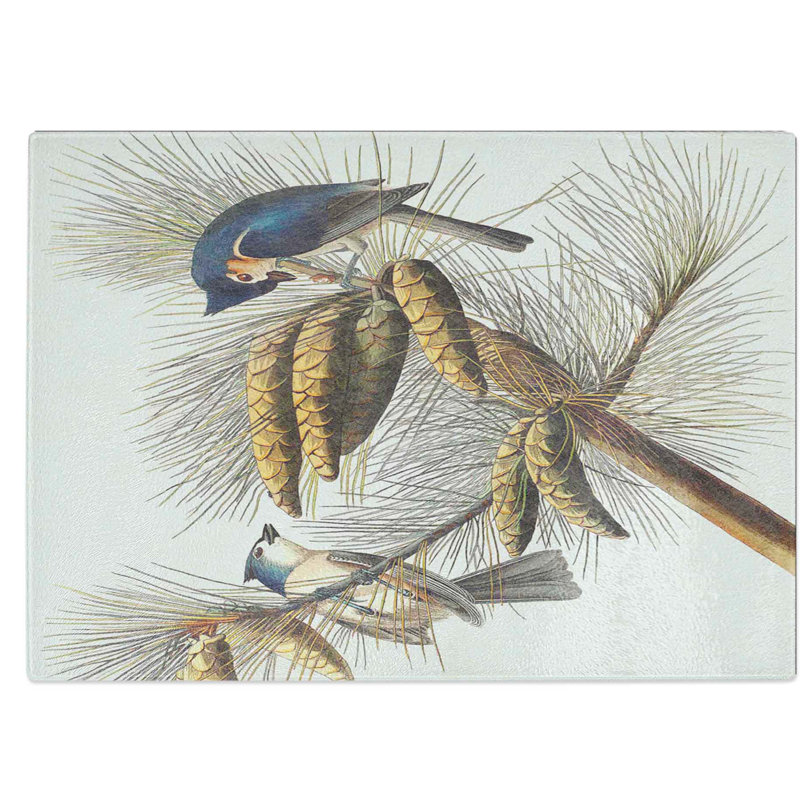 Tempered Glass Crested Titmouse Birds Chopping Board, 39 cm W x 28.5 cm L