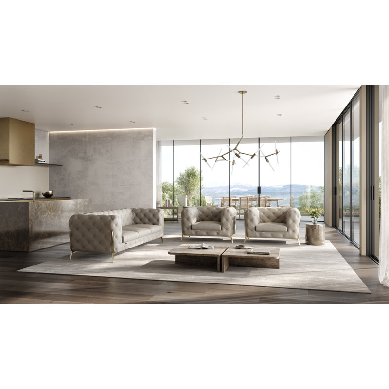 Canapé 3 pièces en cuir grainé italien et 2 chaises Ehrika, Cuir véritable beige