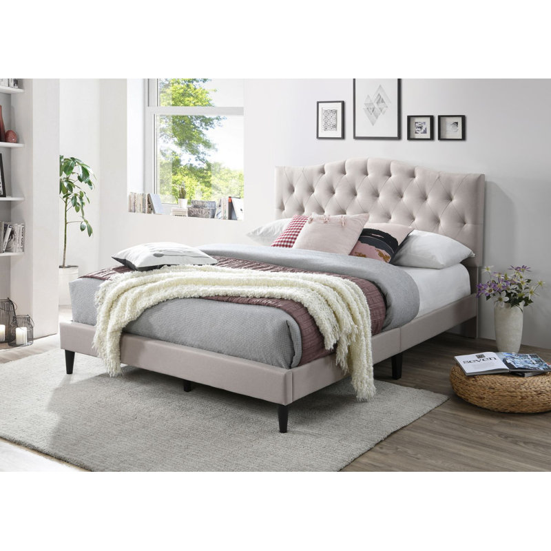 Nathan Tufted Upholstered Low Profile Platform Bed, Sand Beige, Queen