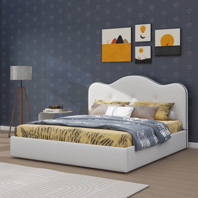King-Size Upholstered Platform Bed With Curved Foam Headboard, Low Profile Bed Base