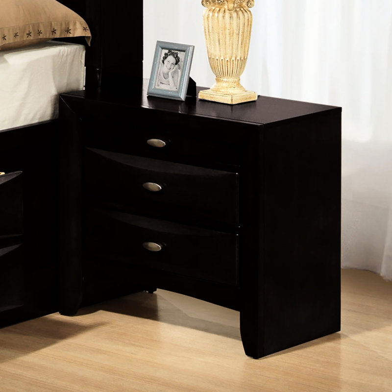 Table de chevet noire contemporaine, 2 tiroirs, poignées bouton, ovale en nickel, assemblage facile, bois d'ingénierie classique de 17 pouces de largeur, tiroir supérieur doublé de feutre