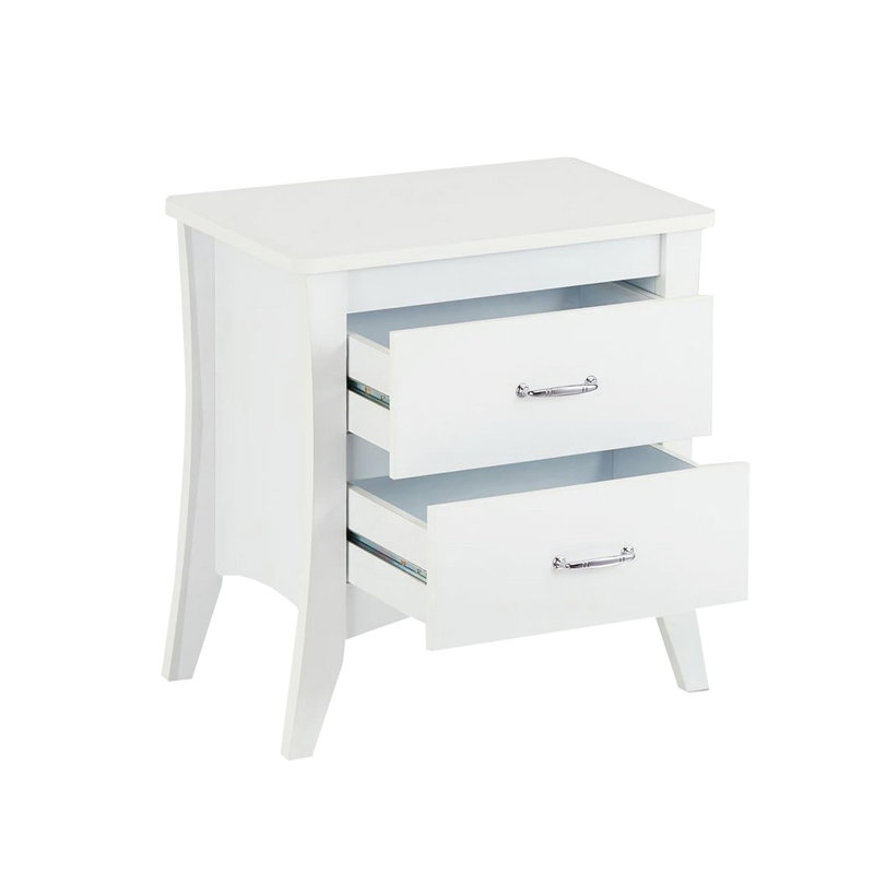 Table de chevet blanche de style moderne avec 2 tiroirs et mécanisme d'arrêt avec deux pieds fuselés en bois pour la chambre à coucher
