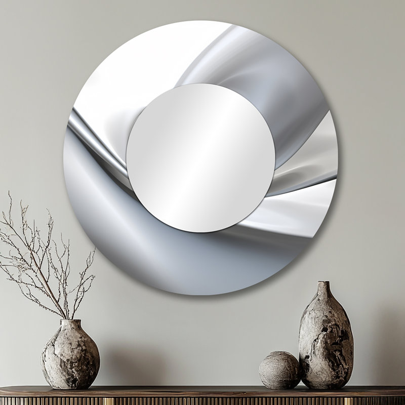 Ofeliya White Grey Contemplative Abstraction - Waves Wall Mirror, Modern Round Decorative Mirror, Printed Metal Art