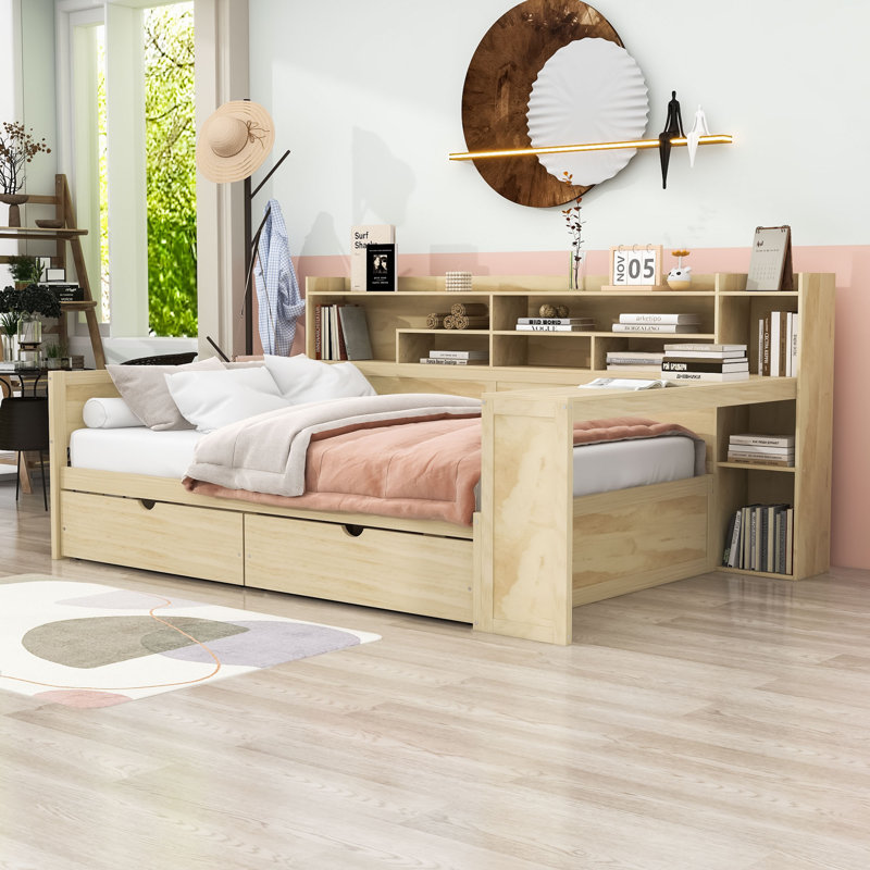 Crompton Multifunctional Wooden Daybed With Shelves, Drawers, and Study Desk, Full / Double, Natural