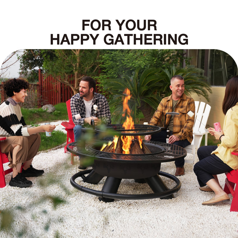 Arlmont & Co. Large 47" Wood Burning Fire Pit Outdoor Backyard Patio Fire Pit With Cooking Grill Grate, Deer Head Style