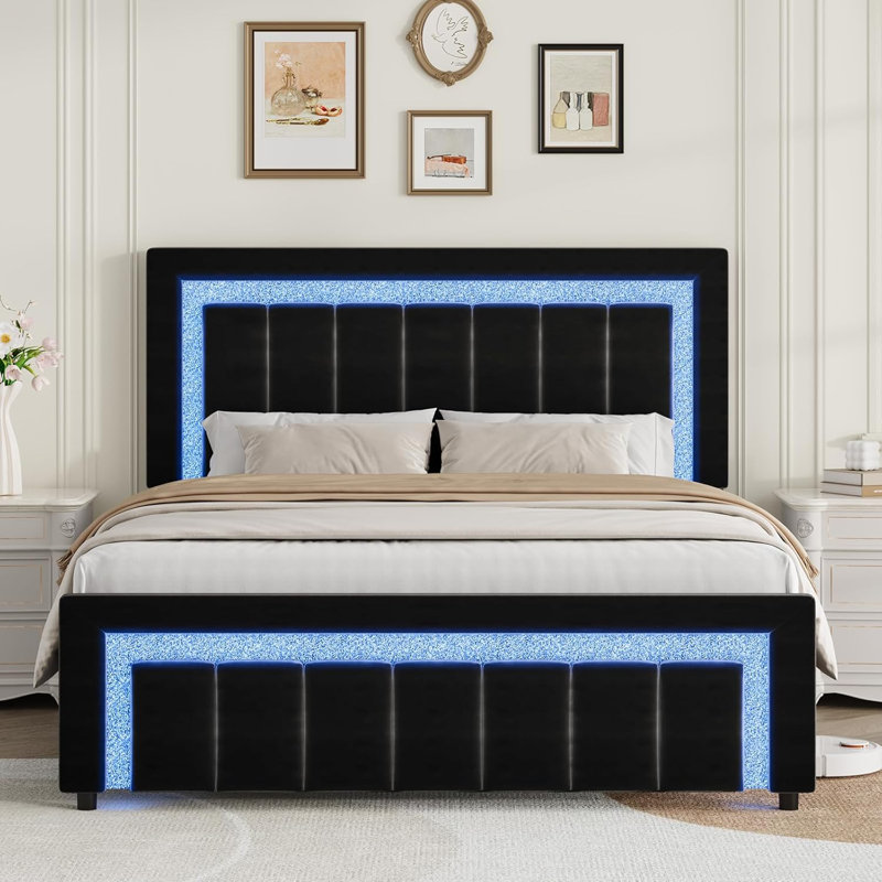LED-lit and velvet-upholstered bed frame with a modern diamond headboard that is adjustable, Black, Full