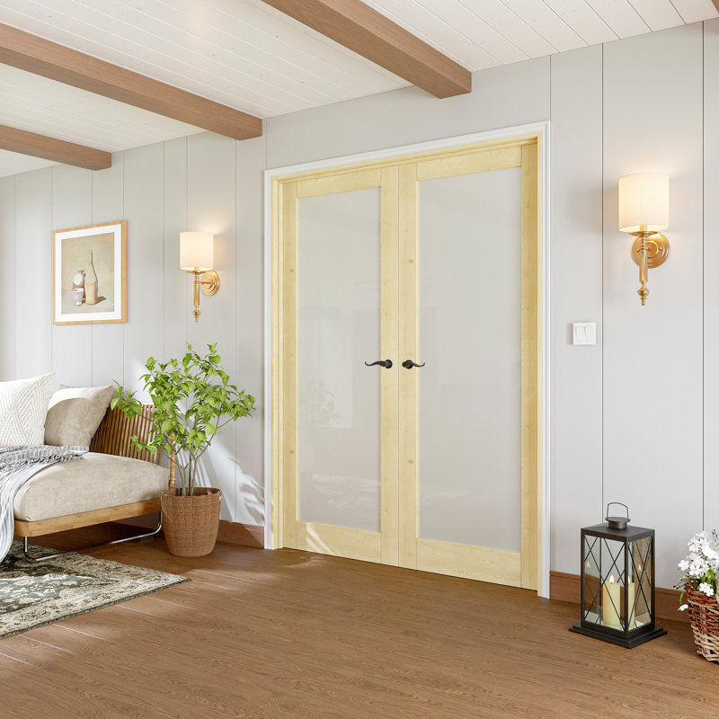Porte française intérieure de 60 po x 80 po, portes en bois de pin et verre givré trempé 1-Lite, bois de pin massif à peindre sans finition, ensemble de cadre complet, charnières noires, 4 leviers courbés et loquet, fabrication en bois de pin naturel robuste et verre d'intimité et en verre givré