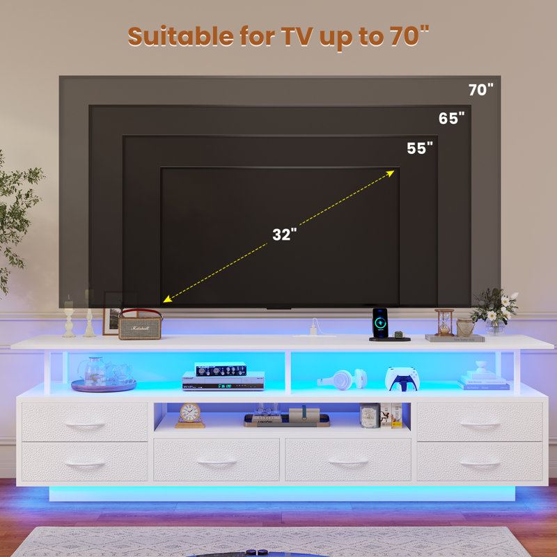 Tv Stand For Tvs Up To 70" With 6 Storage Drawers And Rgb Led Lights, Pu Finish Drawer, White