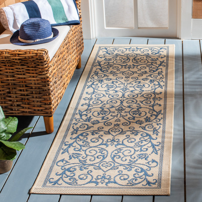 Arneshia Floral Tan/Blue Indoor/Outdoor Area Rug, Runner 2'3" x 6'7"