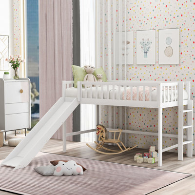 Twin Size Low Loft Bed with Ladder and Slide, White(OLD SKU:WF196418AAK)