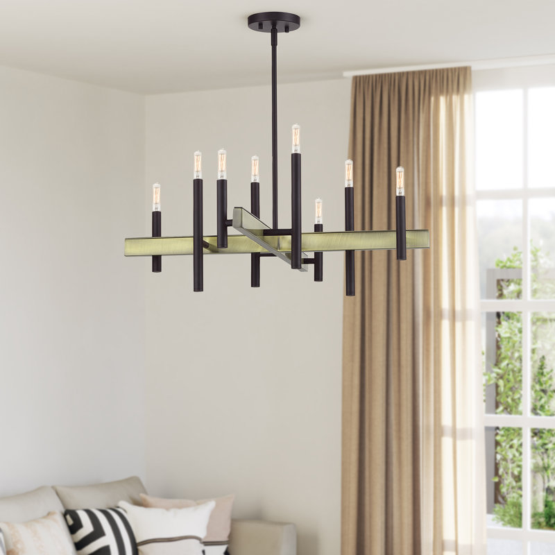 Lustre moyen 8 lumières noires avec accents en nickel brossé, Bronze, 8
