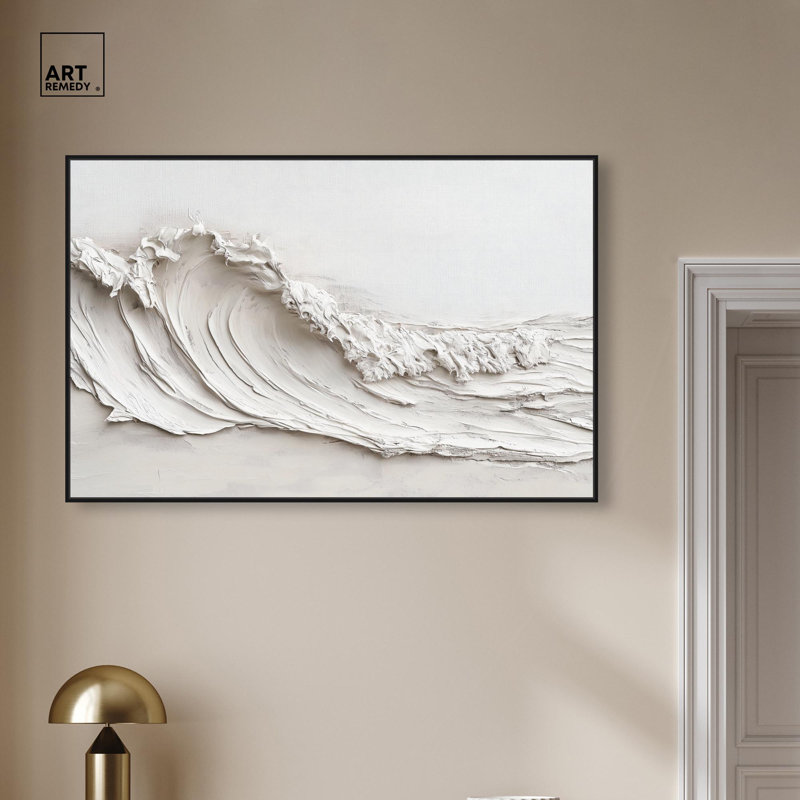 Vague sur toile blanche par Art Remedy, Noir, H 31 po x l 46 po, Cadre flottant