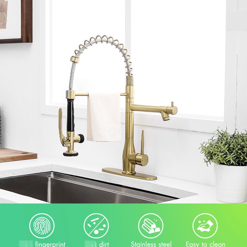 Commercial Brushed Gold Single Handle Kitchen Faucet With Pull Down , Ceramic Cartridge, Leak - Operation Modern Classic In Gold, High Arc 360 Degree Turn, Multifunctional Water Mode