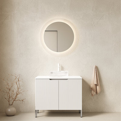 Meuble-lavabo 30 po avec lavabo 30 po avec 2 portes, lavabo rond en verre transparent et comptoir artificiel blanc, sans robinet, blanc