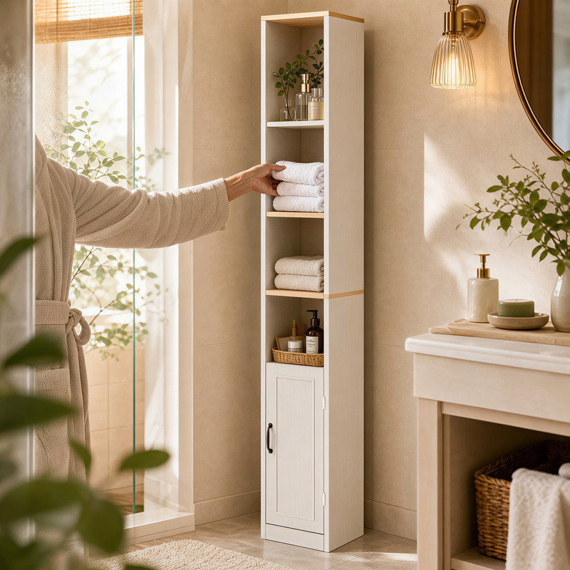 Armoire de rangement haute 72 po en MDF blanc antique avec 1 porte et tablettes réglables pour la salle de bain, petits espaces