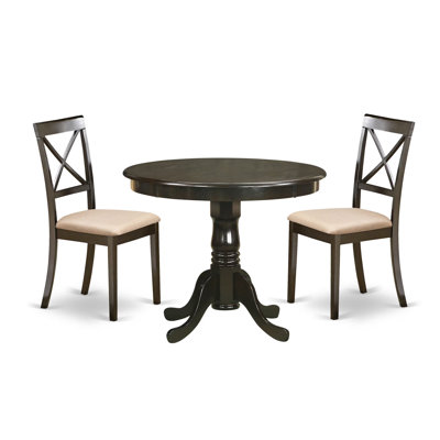 3 Piece Kitchen Table Set for Small Spaces Contains a Round Kitchen Table with Pedestal and 2 Linen Fabric Dining Room Chairs, Cappuccino