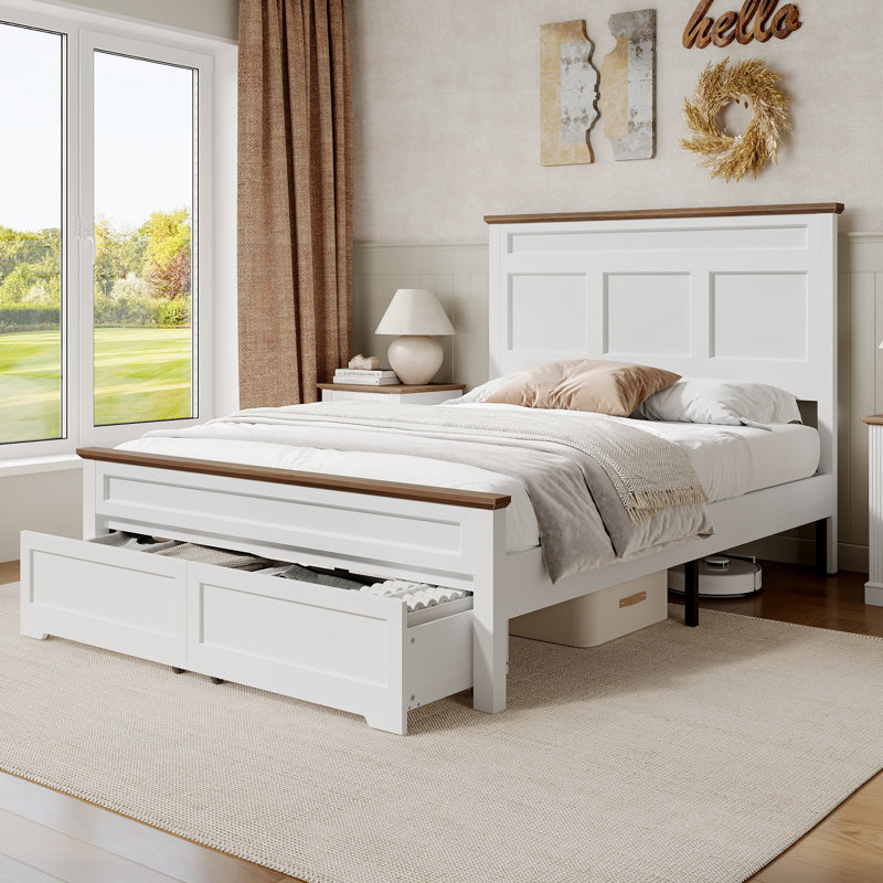 Base de lit en bois de ferme avec tête et pied de lit de 51,2 po de hauteur, Noyer, Lit double