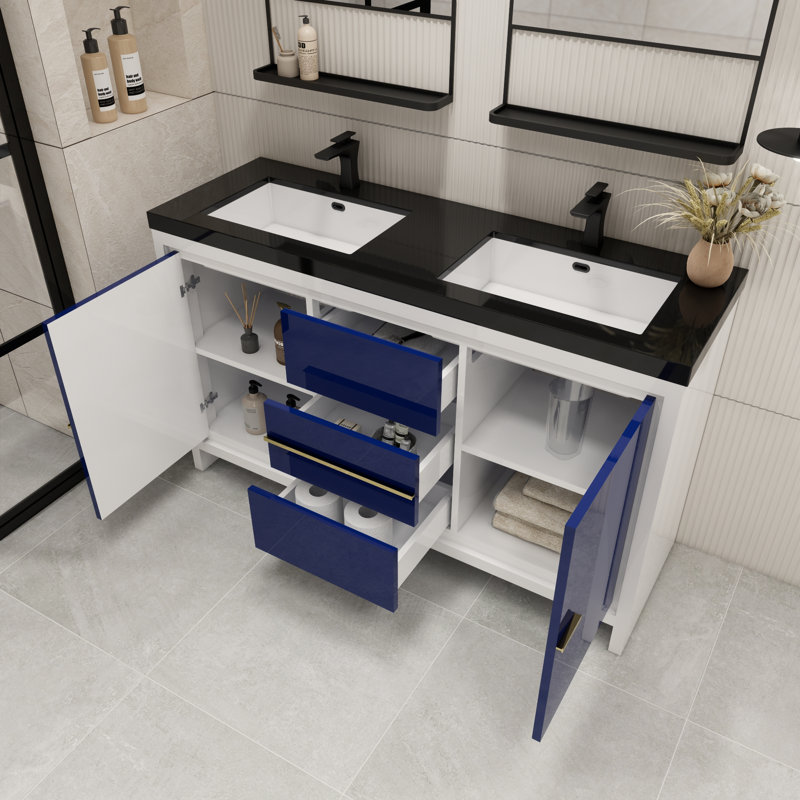 Ensemble de meuble-lavabo double 60 po Bayyinahi, Bleu nuit ultrabrillant
