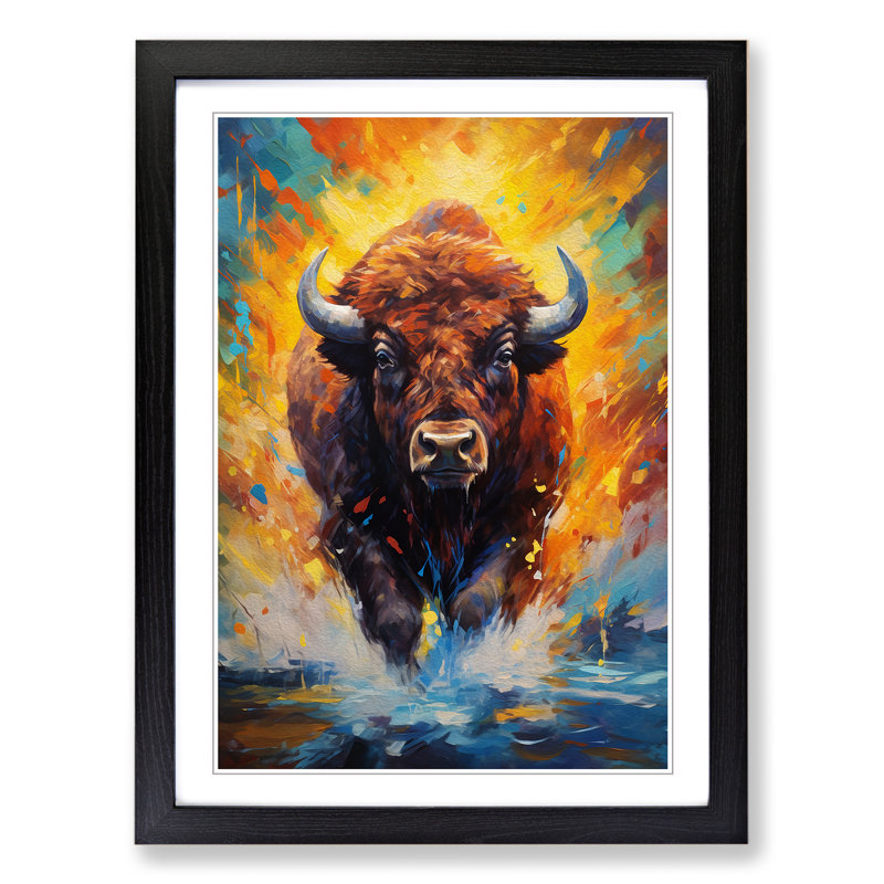 Buffalo Impressionism Art - Framed Print, 34cm H x 25cm W x 2cm D, Black Framed