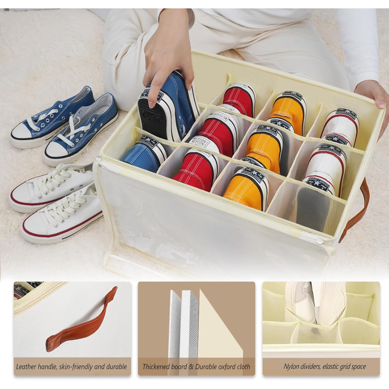 2 Pack Shoe Storage Box Organiser For Closet - 24 Cell Space Saver Shoes Containers Bin With Clear Lids Stackable, Can Fit Ottoman, Foldable Shoe Rack Cabinet Cubby For Wardrobe