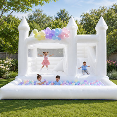 15' x 13' Commercial-Grade PVC White Bounce House with Slide, Ball Pit & 1100W Blower