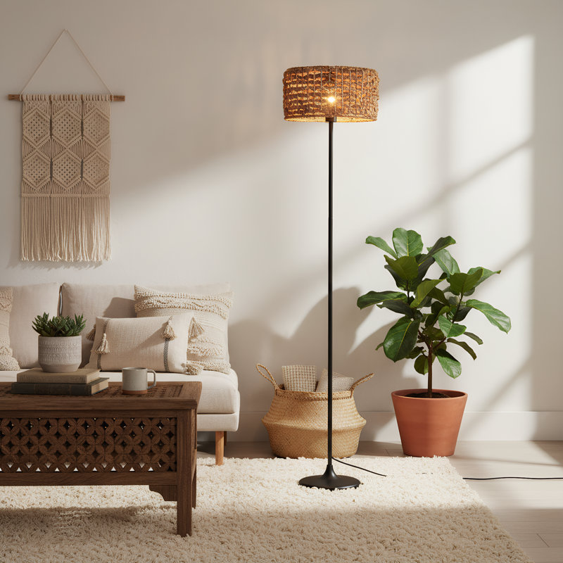 Lampe sur pied en rotin naturel Marina avec abat-jour tissé à la main, style bohème rustique, compatible E26 60W