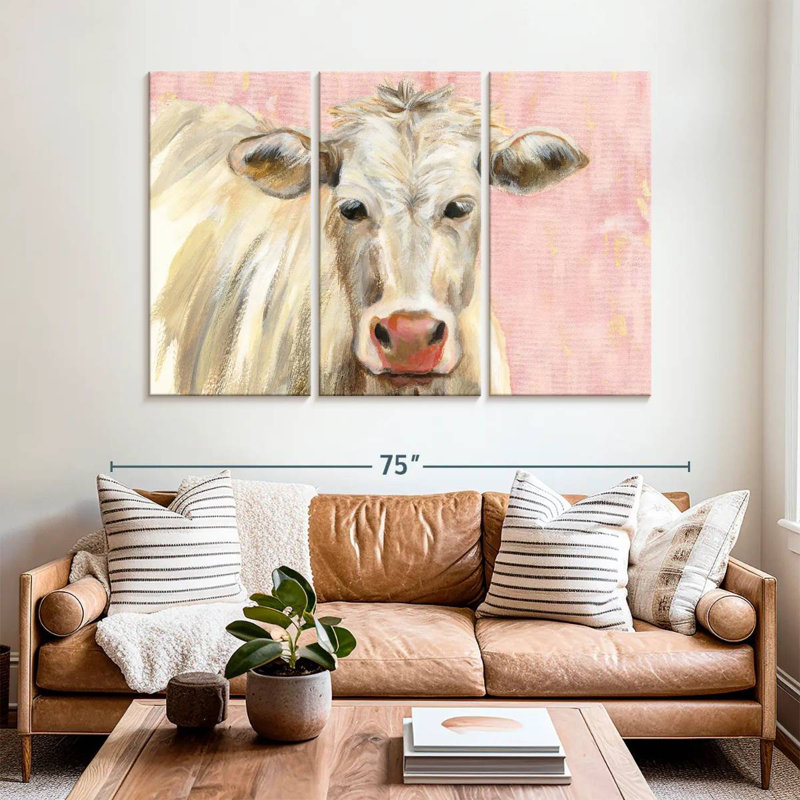 Vache blanche Brampt sur fond rose, H 48 po x l 74 po