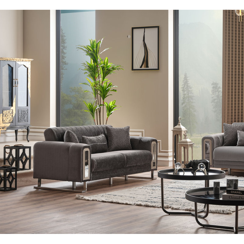 Luxury Modern Upholstered Loveseat With Metal Legs And Channel Tufted Back, Gray, Silver
