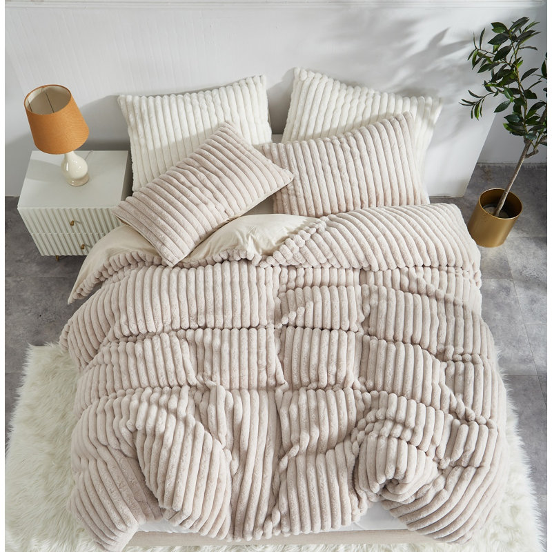 Ensemble de housse de couette rayé moelleux 3 pièces Nayoroom, Housse de couette grand et 2 taies d'oreiller stan, Beige