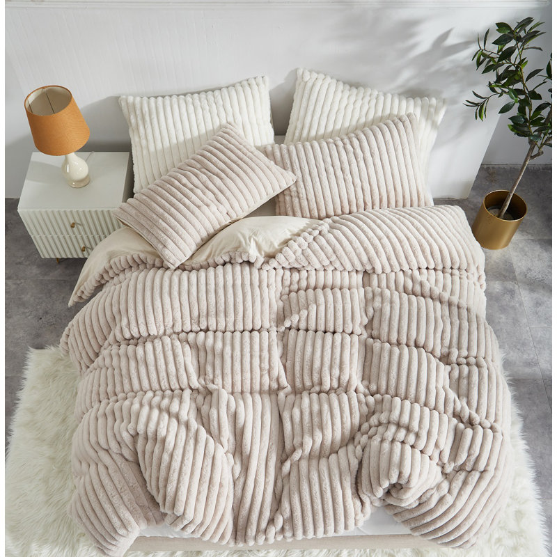 Nayoroom 3 Pieces Fluffy Striped Duvet Cover Set Super Soft Faux Fur Winter Warm Fuzzy Fleece Bedding Set, Beige
