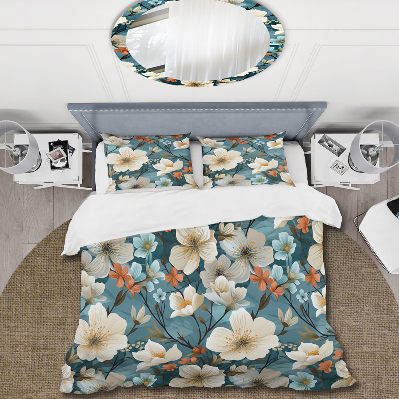 Ensemble de housse de couette Blue Coastal Blossoms, Housse de couette pour grand lit et 2 taies décor
