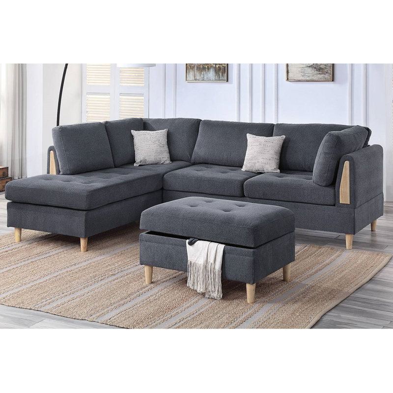 Upholstered L-Shaped Sectional Reversible, Charcoal Chenille