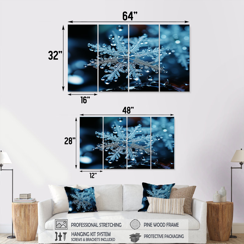 «Blue Snowflake Holiday III - Winter Landscape», art mural 4 pièces pour le salon, H 32 po x l 64 po