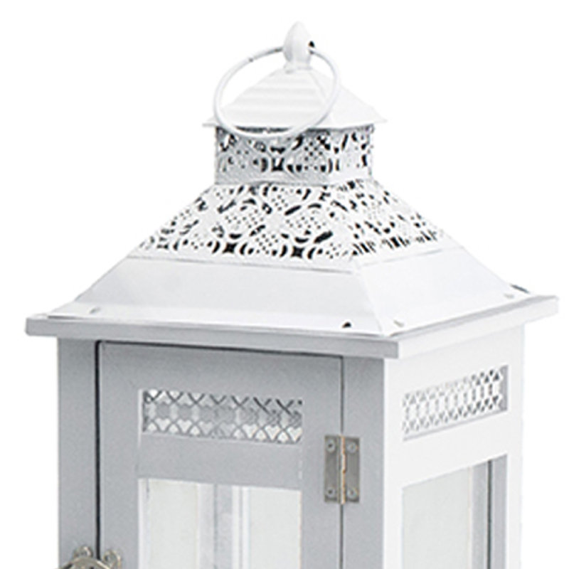 Decorative Lantern Set Of 2, Classic Cut Out Details And Glass Panels, White