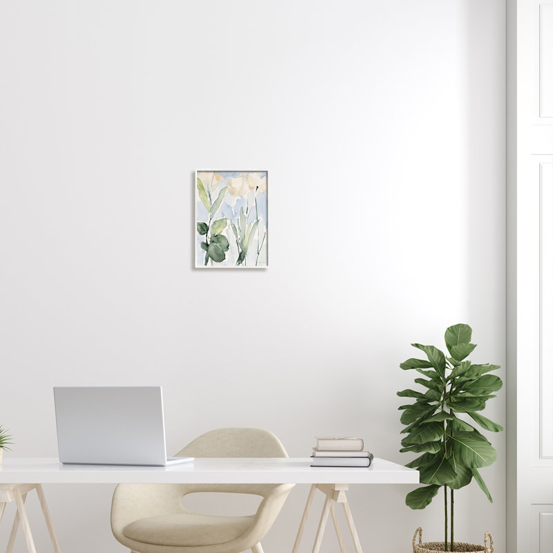 Abstrait fleurs blanches et feuilles, H 14 po x l 11 po x P 1,5 po, Giclée encadrée blanc bord de mer