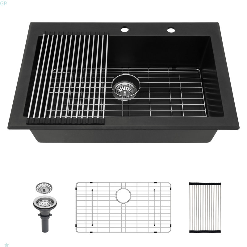 Quartz Kitchen Sink - 33X22" Black Granite Composite Drop In Kitchen Sink