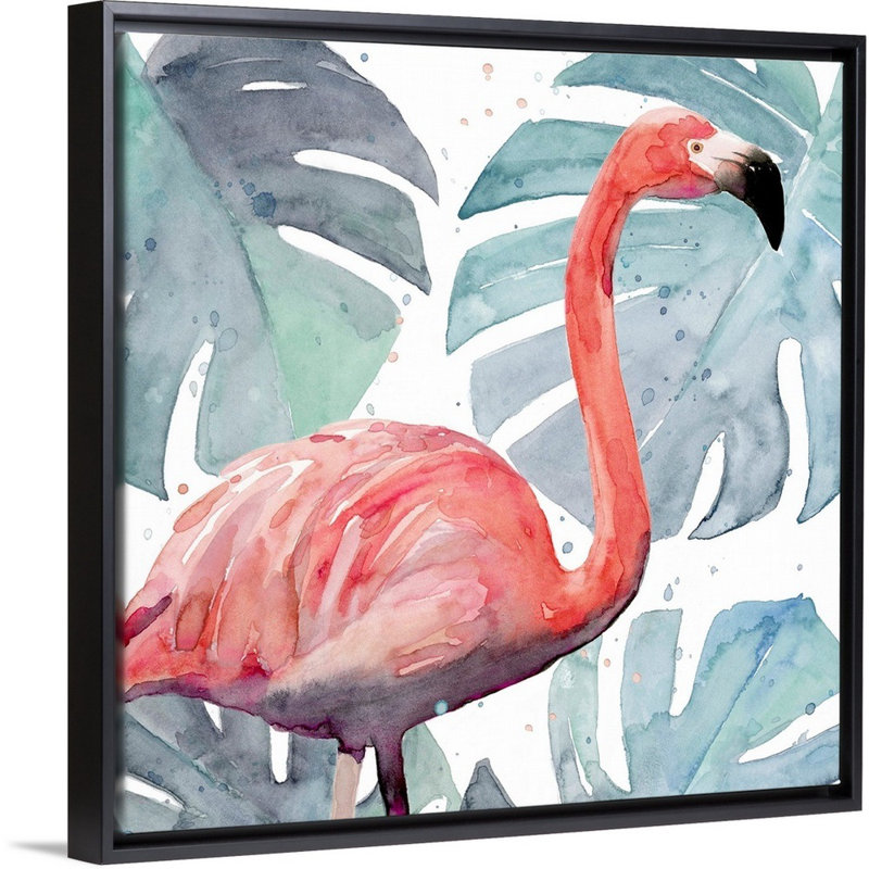 «Flamingo Splash I», art mural sur toile, Toile avec cadre noir, H 14 po x l 14 po