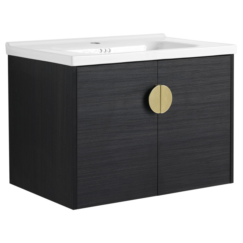 Ensemble de meuble-lavabo mural simple 27 po avec plateau en céramique Neelish, Noir châtaignier