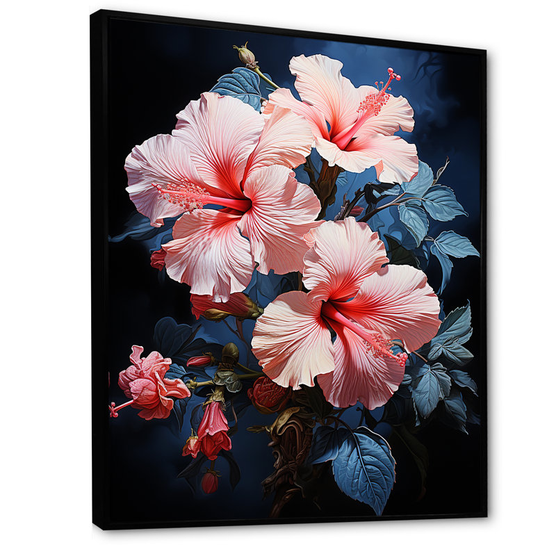 «Pink and Blue Hibiscus Modern Charm I», reproduction sur toile, H 40 po x l 30 po x P 1,5 po, Cadre flottant noir