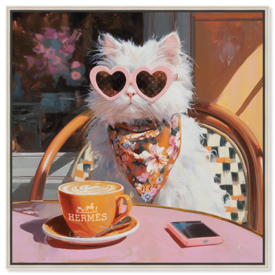 A Cat and Her Latte Pets Pink Art Canvas Print by Art Remedy